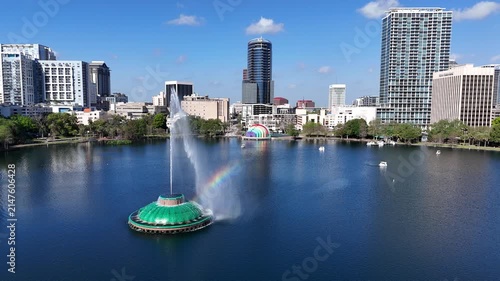 Still shot of a rainbow in the fountain at Lake Eola in downtown Orlando in Orange County, Florida.