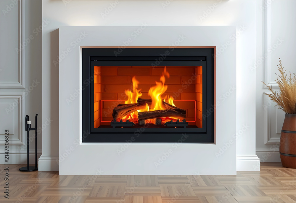 Obraz premium Modern white fireplace with burning logs and bright orange flames in a contemporary living room interior, the minimalist design features a clean white mantel and a black firebox