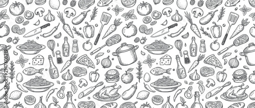 Hand-Drawn Food and Ingredients Pattern