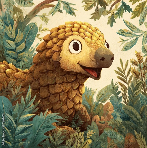 Happy pangolin in jungle plants illustration