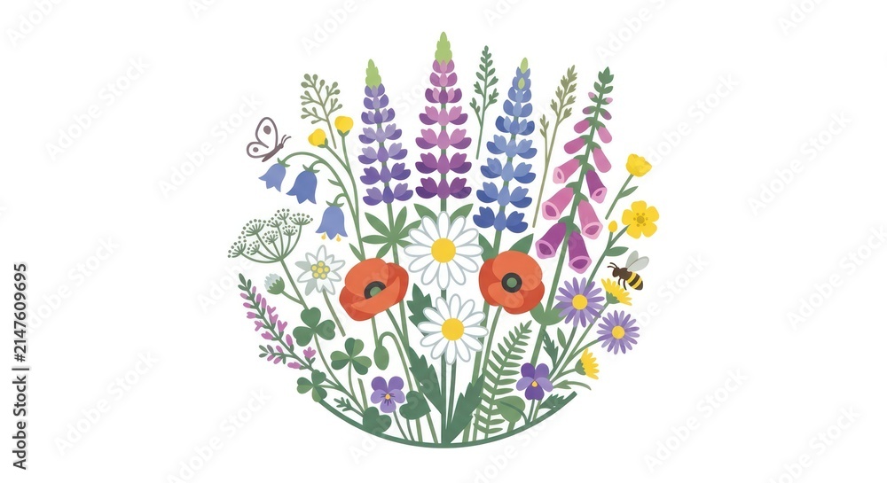 Fototapeta premium Modern Colorful Botanical of a Diverse Flower Bouquet with Butterflies and Bees in a Natural Style