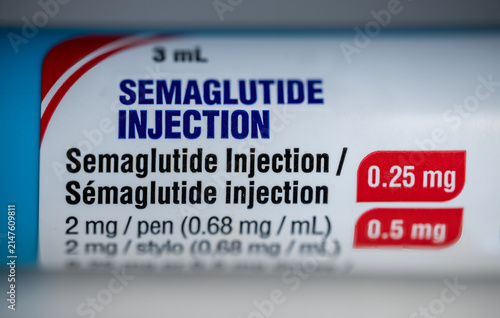 Extreme close-up of Semaglutide injection pen label detailing dosage and active ingredient.