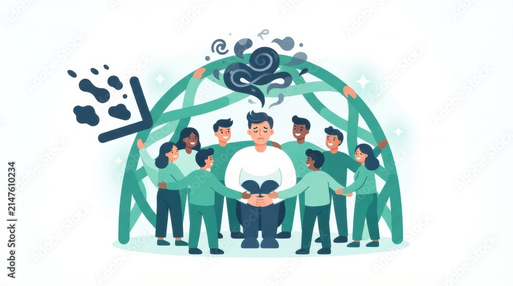 Fototapeta premium A group of people surrounds a person showing sadness. The scene illustrates support and connection to relieve stress and boost mental health.