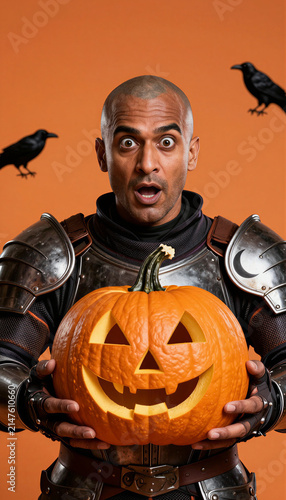 Surprised adult man in knight armor holding jack-o'-lantern pumpkin