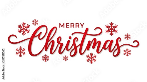 Elegant merry christmas greeting card design with red calligraphy lettering and decorative snowflakes on a clean white background
