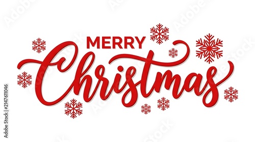 Elegant merry christmas text design with red calligraphy font and decorative snowflakes on a clean white background