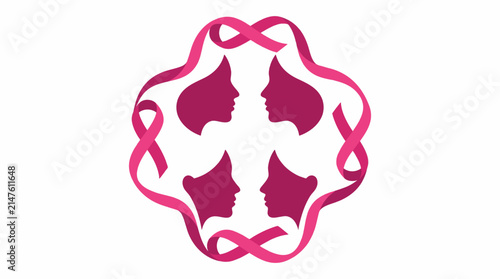 Women profile silhouettes in circle with pink ribbon breast cancer awareness symbol vector illustration