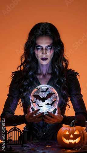 Intense witch holding glowing crystal ball with bats