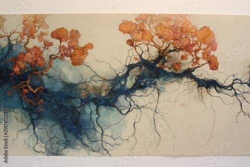 Abstract fluid art background with floral botanical elements