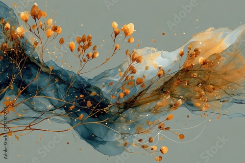 Abstract fluid art background featuring gold botanical floral elements
