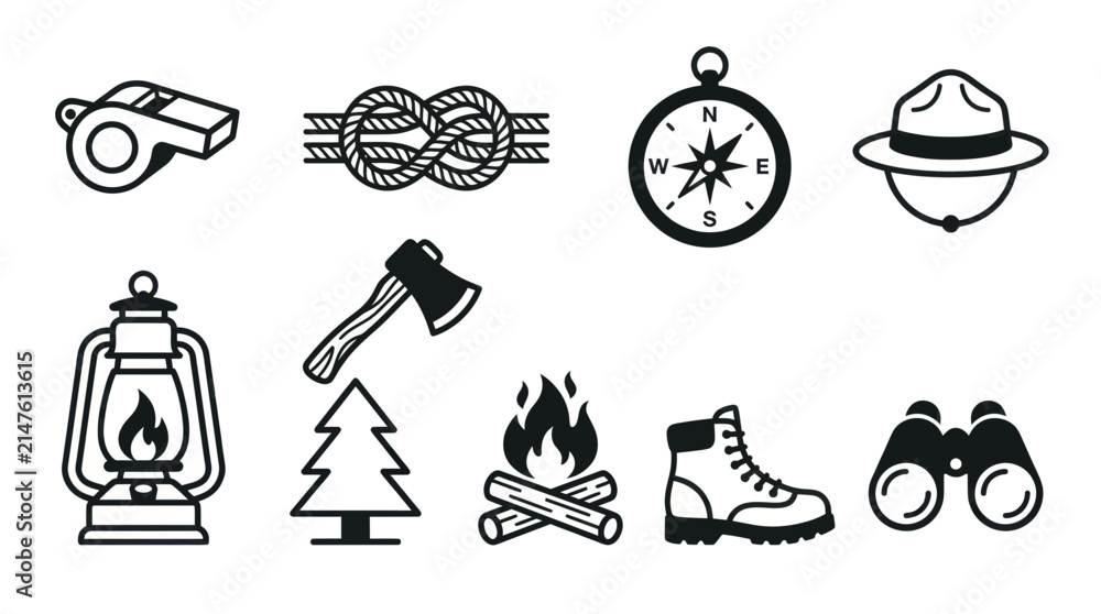 Obraz premium Outdoor Adventure Icons: Camping, Hiking, and Exploration Gear