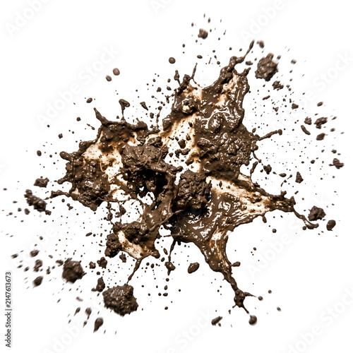 Foto Dynamic Mud Splash and Brown Liquid Splatter with Droplets and Texture Isolated