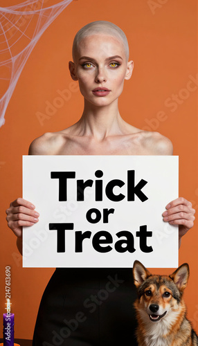 Bald woman holding 'Trick or Treat' sign with dog and lit candle