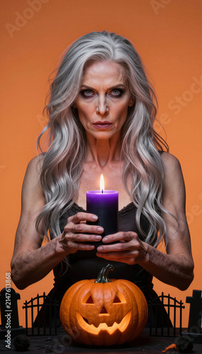 Serious adult woman with gray hair holding purple candle at Halloween