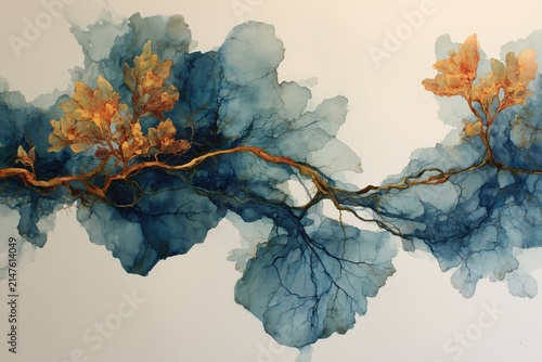 Abstract fluid art floral and botanical wallpaper in blue and gold