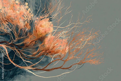 Abstract floral branches on textured botanical wallpaper