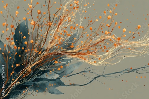 Abstract botanical fluid art in orange and blue hues background