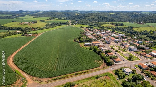 Rural Townscape: An aerial view reveals a charming rural town nestled beside expansive agricultural fields.