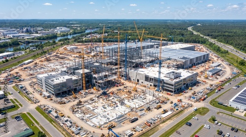Massive Construction Site: An aerial view showcases a sprawling construction site with numerous cranes and partially built structures.