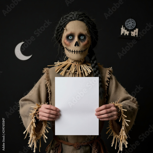 Scarecrow woman holding blank paper sign for Halloween