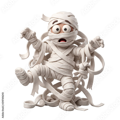 Cute cartoon mummy character with wide eyes and open mouth wrapped in bandages, in a dynamic pose, perfect for Halloween PNG Isolated on transparent background