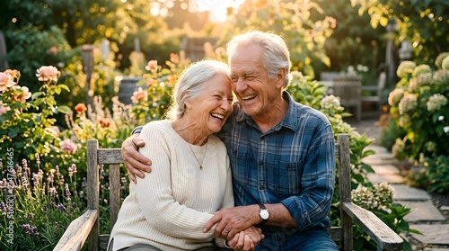 Happy elderly couple enjoying romantic moments together while sitting on a garden bench at sunset with embracing laughing together