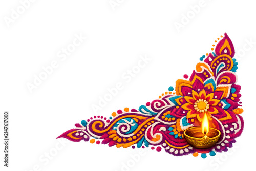 Fotografie Decorative rangoli corner with lit oil lamp for diwali celebration elements isol
