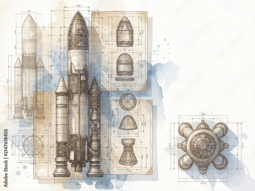 Fototapeta premium Technical blueprint of a rocket launch vehicle and internal components