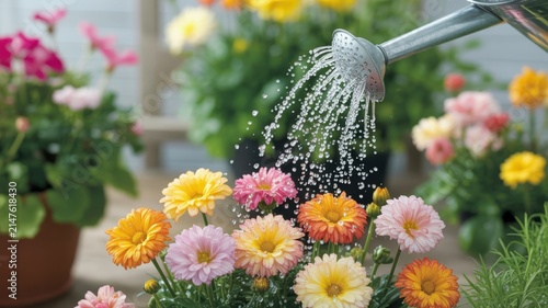 Watering can showering vibrant colorful flowers in terracotta pots with fresh greenery in summer garden