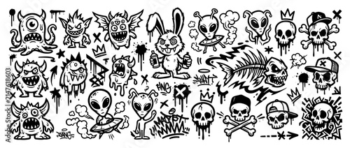Doodle Monsters, Aliens, Skulls, and Rabbit Collection