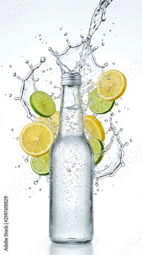 Clear Glass Bottle of Sparkling Water Surrounded by Lemon and Lime Slices with Water Splashes