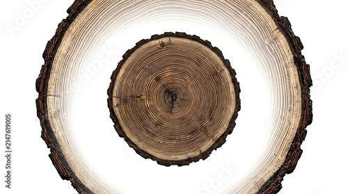 Close Up Of A Tree Ring Pattern And Bark Texture Isolated On White