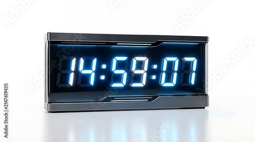 Futuristic Digital Clock Displaying Time: A modern, sleek digital clock with glowing blue digits displays the time 14:59:07, set against a clean, minimalist background.