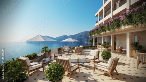 Luxurious Hotel Terrace with Wooden Furniture and Flowers Overlooking Calm Blue Lake and Mountains