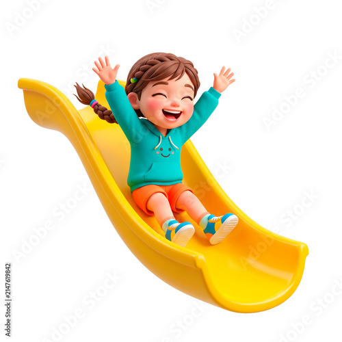 Joyful young girl with braided hair slides down a bright yellow playground slide with arms raised in excitement PNG Isolated on transparent background