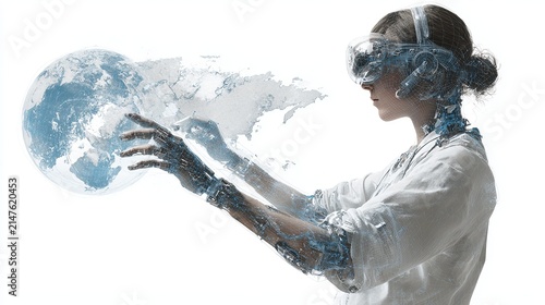 Futuristic woman with VR headset reaching toward digital globe