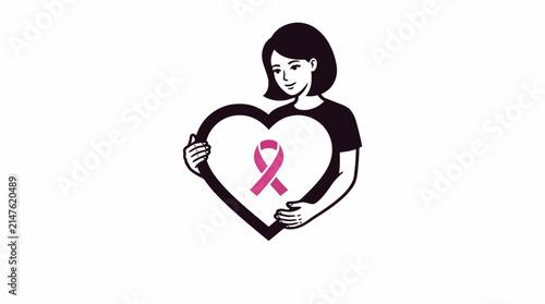 Woman holding heart frame with pink ribbon breast cancer awareness symbol vector illustration