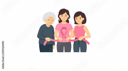 Diverse women of different generations holding big pink ribbon breast cancer awareness vector illustration