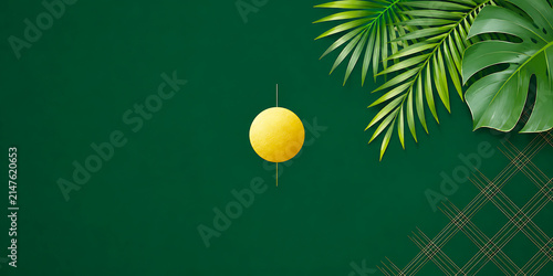 Tropical palm and monstera leaves with golden sphere on dark green background.