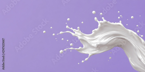 White liquid milk splash isolated on soft purple background.