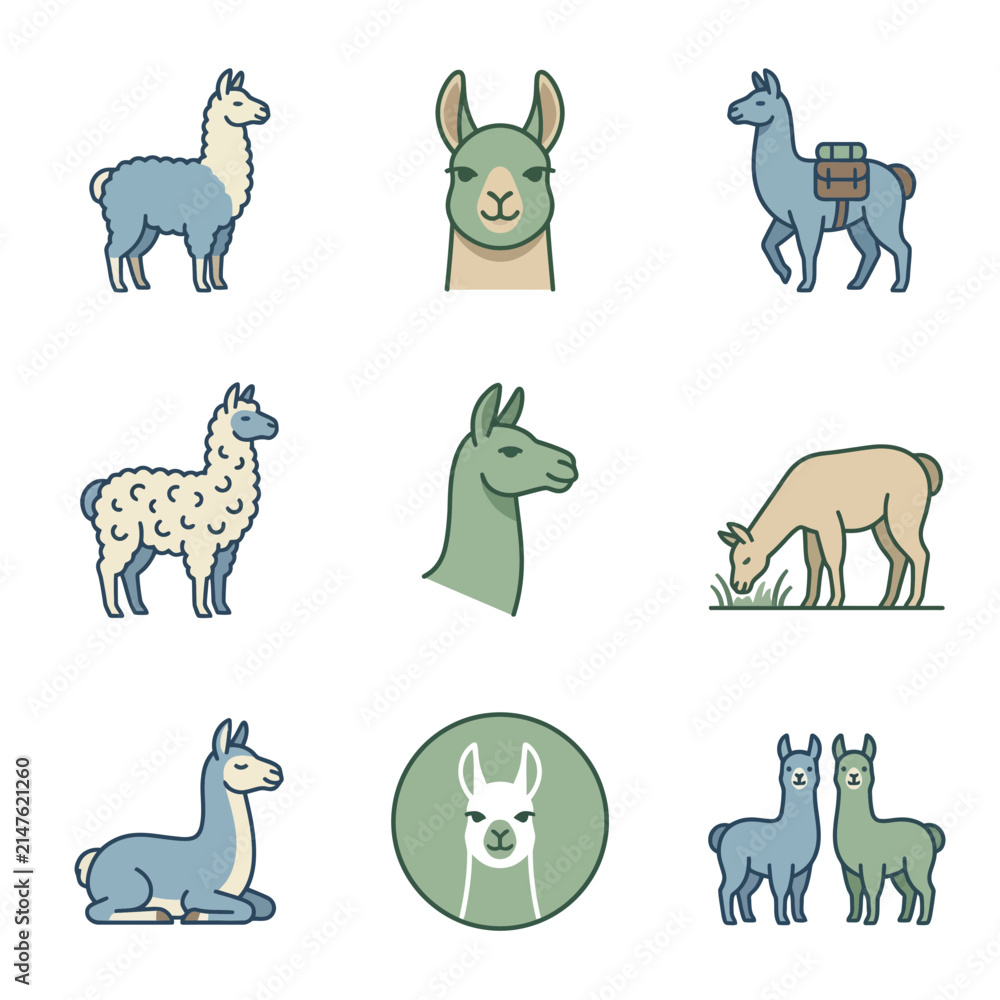 Obraz premium A collection of cute llama icons showcasing various poses and styles for digital design projects icon 1