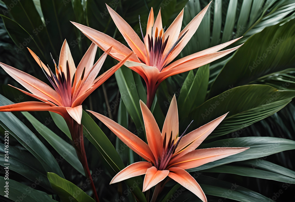 Obraz premium Three orange tropical flowers with dark green foliage, exotic nature and botanical garden