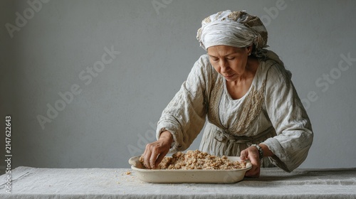 Woman in traditional headscarf preparing couscous on tray