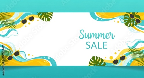 Vibrant Summer Sale Banner with Tropical Leaves and Sunglasses.