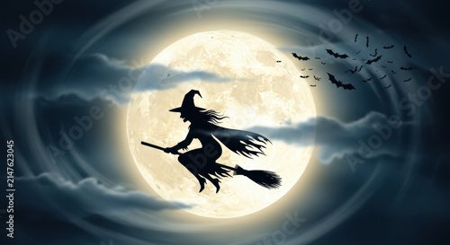 Witch flying on broomstick in front of full moon with bats and clouds.