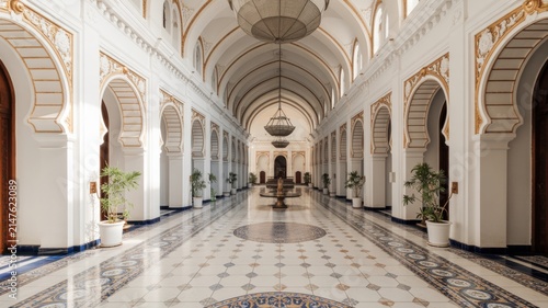 Grand Luxurious Hallway Interior with Arched Columns and Ornate Decorative Details