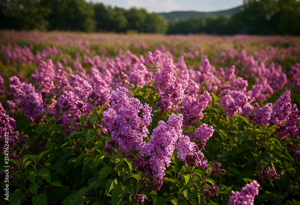 Obraz premium Field of purple lilac flowers blooming in spring, nature and garden background, outdoor floral landscape