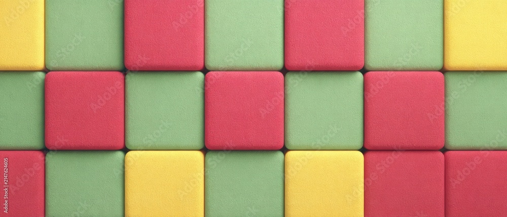 Obraz premium Geometric grid of soft fabric squares in red green yellow colors for surface pattern design textile background texture