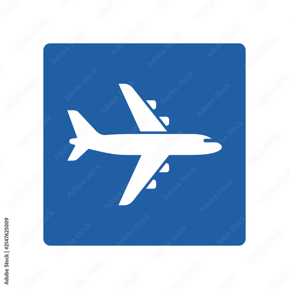 Fototapeta premium Blue airport sign icon featuring a white airplane symbol for aviation travel and transportation guidance.