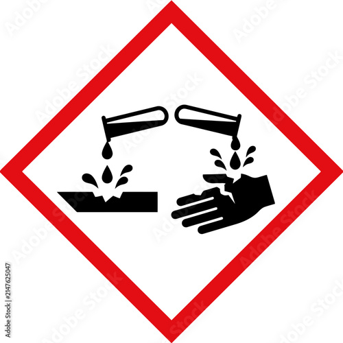 Corrosive chemical hazard warning symbol GHS standard pictogram vector icon isolated on white background.
